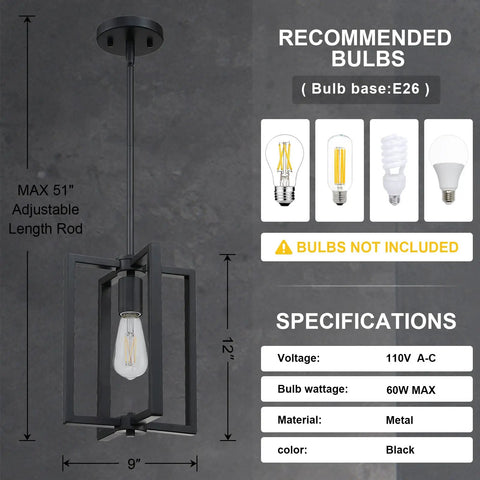 3 Pack 1 Light Farmhouse Rustic Vintage Chandelier Hanging Industrial Ceiling Fixture, black, metal, 9x51 inches, bulb guide