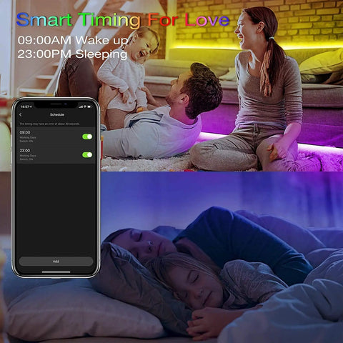 Family enjoying 65 Ft RGB Smart LED Strip Lights With WiFi App Control and Voice Control Works with Alexa and Google Assistant.