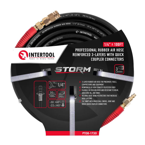 100 Ft Heavy Duty Rubber Air Hose 1 Quarter Inch Diameter With Reinforced Lining, Kink Resistant displayed in packaging