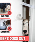 Adjustable Cat Door Latch For Interior Doors Grey Straight Up Dog Proof Heavy Duty Pet Safety Strap image showing dog looking through door.