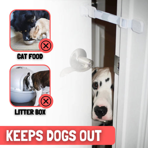 Adjustable Cat Door Latch For Interior Doors Grey Straight Up Dog Proof Heavy Duty Pet Safety Strap image showing dog looking through door.