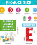 Stem Science Bulletin Board Set With Gear Shaped Cutouts, 40 Pcs Classroom Decorations showing size, colorful gears, and alpha cutouts.