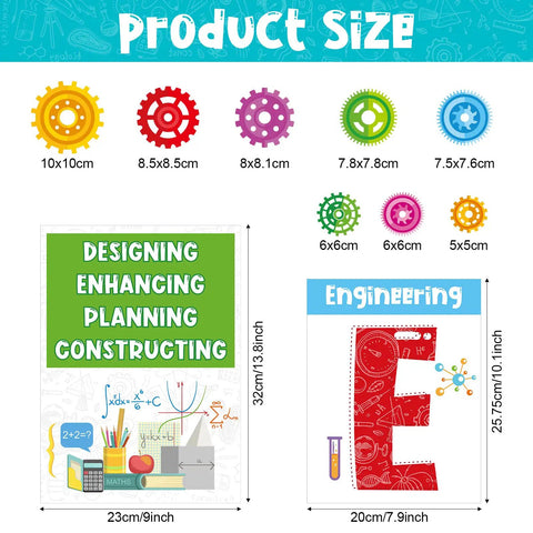 Stem Science Bulletin Board Set With Gear Shaped Cutouts, 40 Pcs Classroom Decorations showing size, colorful gears, and alpha cutouts.