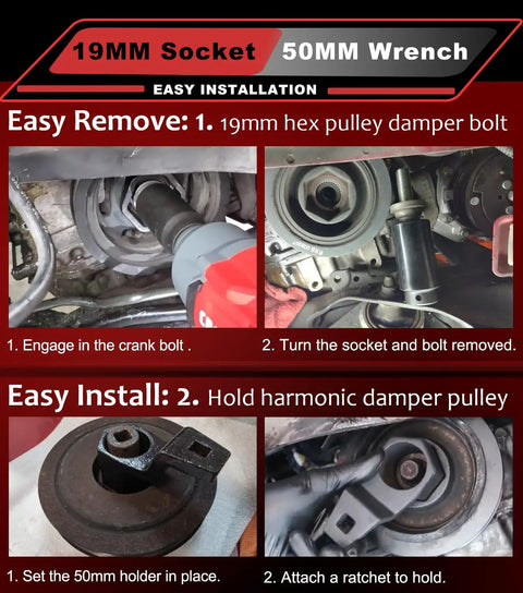 19mm Harmonic Balancer Socket And 50mm Crank Pulley Wrench Holder Kit for Honda and Acura engines during installation process