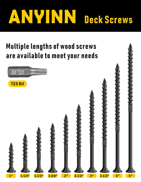 Top Shelf Deck Screws 150 Pack Size 8 X 1.5 Inch Torx Drive Structural Fasteners For Timber Log And Landscaping Hella Tough Carbon Steel With Corrosion Proof Coating For Serious Build Projects in varying lengths.