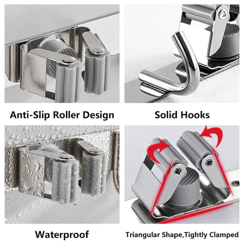 Close-up of Heavy Duty Wall Mounted Broom And Mop Holder with anti-slip roller, solid hooks, waterproof clamps for storage.