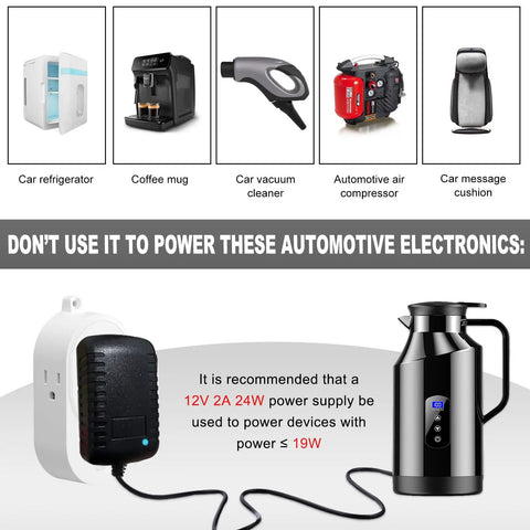 Image showing devices not to power with Heavy Duty Plug And Play AC To DC Converter With Solid Car Cigarette Lighter Adapter.