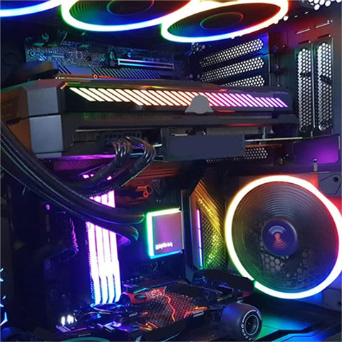 Gaming rig with Gpu Side Panel RGB Lightboard Backplate For Computer Case With 5V 3Pin ARGB Aura Sync Compatible RTX Graphics Card LED