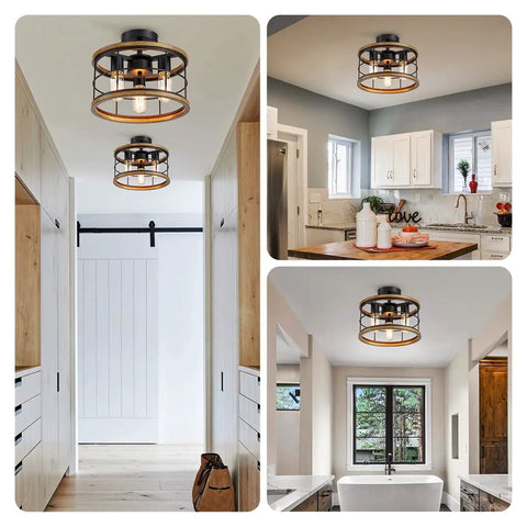 Vintage Farmhouse Semi Flush Mount Ceiling Light With Metal Cage, Industrial Style Kitchen Dining Hallway Fixture, Wood Grain Finish, For Living Room And Bedroom, Sturdy Black Metal Frame, Easy Install