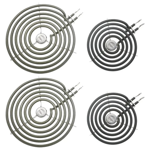 Chrome Drip Pans And Surface Burner Elements Replacement Kit For GE Hotpoint Range Stove Includes 6 Inch Drip Pans 7.6 Inch Diameter And 8 Inch Drip Pans 9.75 Inch Diameter Plus 6 Inch 1350 Watt Element And 8 Inch 1765 Watt Element 208 240 Volt.