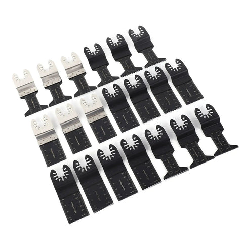 20 Piece Oscillating Saw Blades Set With Length Marks And Precision Teeth For Wood Metal And Plastics Cutting, arranged neatly.