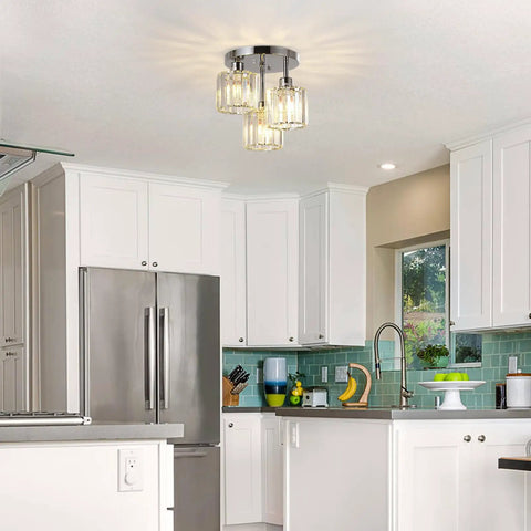 Semi Flush Mount Ceiling Light With Dope Crystal Shades 3 Light Modern Close To Ceiling Fixture in a contemporary kitchen