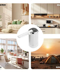 On The Go 5 Gallon Water Dispenser Pump With USB Type C Charging Foldable Spout Digital Display shown in home and outdoor settings.