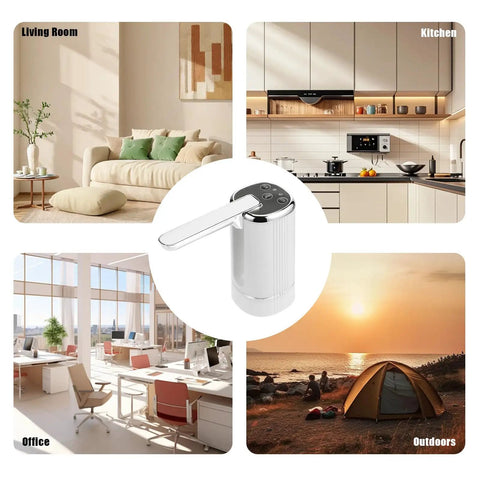 On The Go 5 Gallon Water Dispenser Pump With USB Type C Charging Foldable Spout Digital Display shown in home and outdoor settings.