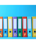 Colorful file binders labeled A to H with Gold Self Adhesive Vinyl Letter Stickers 202 Pcs 8 Sheets 1 Inch for signage use.