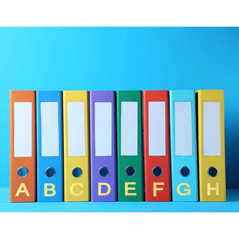 Colorful file binders labeled A to H with Gold Self Adhesive Vinyl Letter Stickers 202 Pcs 8 Sheets 1 Inch for signage use.