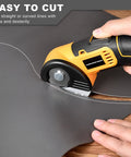 Jomeda Cordless Electric Scissors With Rechargeable Led Light And Safety Lock 4V Rotary Cutter For Fabric Cardboard Leather Carpet Pvc Boxes High Speed 400Rpm Cutting Tools Yellow cutting leather smoothly.