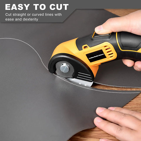 Jomeda Cordless Electric Scissors With Rechargeable Led Light And Safety Lock 4V Rotary Cutter For Fabric Cardboard Leather Carpet Pvc Boxes High Speed 400Rpm Cutting Tools Yellow cutting leather smoothly.