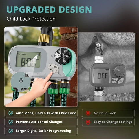 No Fuss All In One Sprinkler Timer For Garden Hose With Child Lock Programmable Brass Digital Water Timer 4 Zone display screen