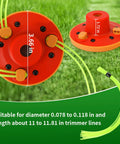 Close-up of Universal Weed Eater Head With 12pc 11in.095 Triangle Trimmer Line for Easy Install showing orange and red design on grass.
