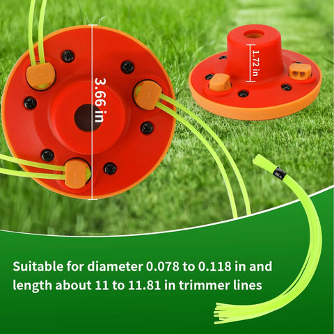 Close-up of Universal Weed Eater Head With 12pc 11in.095 Triangle Trimmer Line for Easy Install showing orange and red design on grass.
