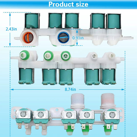 Water Inlet Valve Assembly for Washer Replacement Upgrade 5 Solenoid Leak Proof Two Threaded Ports Dimensions