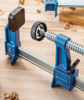 18 Inch Sure Foot F Style Clamp with No Tip Base on workbench for hands free positioning one hand setup versatile woodworking clamp