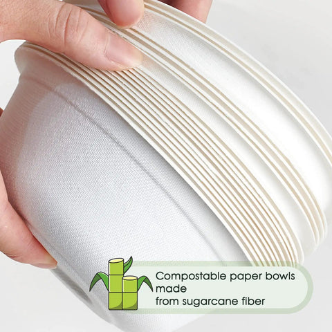 Hand holding stack of Heavy Duty 12 Oz Disposable Paper Bowls, 150 Pack, Biodegradable Compostable Sugarcane Bagasse