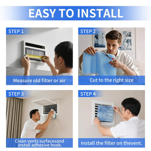 Installation steps for Cut To Fit 20x90 Inch MERV 8 Reusable 3 Layer Air Vent Filter Material With Adhesive Tape for home use.