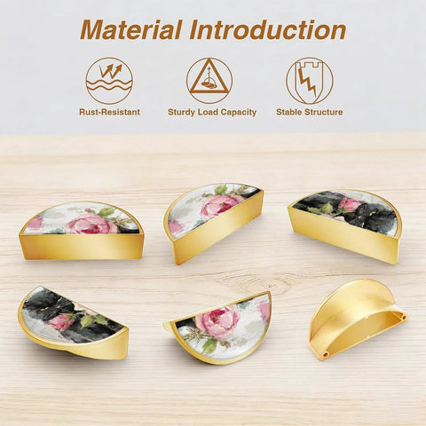Two Pack Black Cat Peony Cabinet Handles With Gold Semicircle Drawer Pulls, 3 Inch Hole Center, Solid Zinc Alloy Hardware displayed