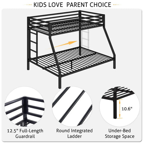 Rock Solid Twin Over Full Bunk Bed With Heavy Duty Steel Frame, featuring 12.5" guardrails and round ladder for safe access.