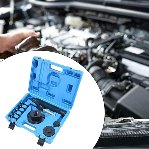 Real Deal Heavy Duty Wheel Bearing Puller Kit Hydraulic Separator Tool Set For Van And Truck Hub Replacement Built Tough Steel Construction, blue case open.
