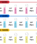 Heat Shrink Ring Terminals Kit 220 Pcs For 22 To 16 AWG No 10 And Quarter Inch And Five Sixteenths Inch And Three Eighths Inch Connectors