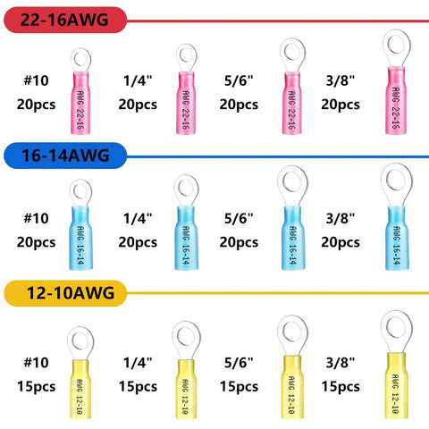 Heat Shrink Ring Terminals Kit 220 Pcs For 22 To 16 AWG No 10 And Quarter Inch And Five Sixteenths Inch And Three Eighths Inch Connectors