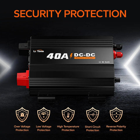 Hella Reliable 12V 40A DC To DC Lithium Battery Charger With Smart Multi Stage Charging side view showing security features.