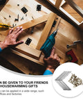 Person using drill with stainless steel 90-degree corner brackets and screws for L-shaped cabinet and table supports.