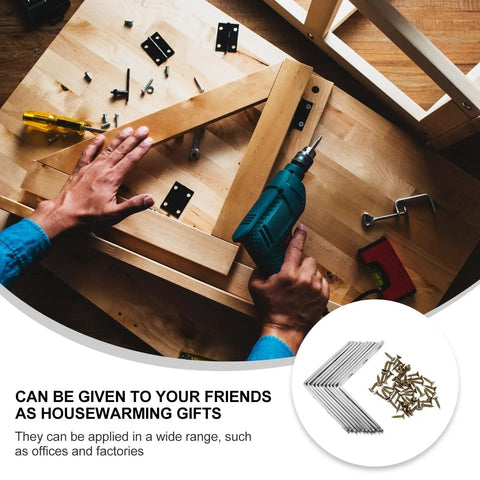 Person using drill with stainless steel 90-degree corner brackets and screws for L-shaped cabinet and table supports.