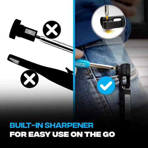 Mechanical Carpenter Pencil Set Built Tough For Construction Pros With Belt Clip Sharpener And Holder Includes Four Refillable 2.8mm Leads shown in use