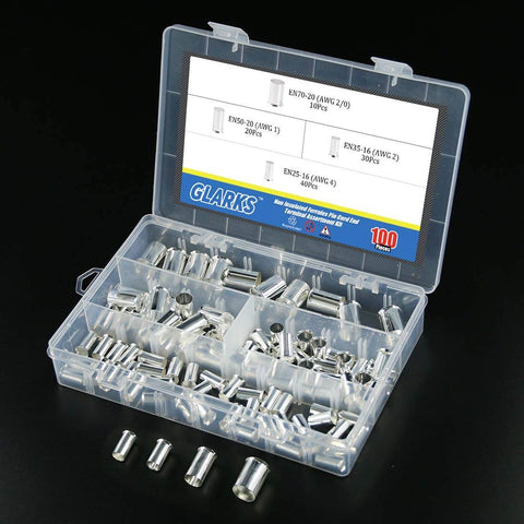 100 Pcs Wire Ferrule Terminal Kit, Copper Crimp Connectors, Silver Plated, Non Insulated, Assorted AWG 4 2 1 2/0, open box view