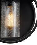 Close-up of Weatherproof Matte Black 1 Light Indoor Outdoor Wall Sconce With Seeded Glass Shade E26 Base Built To Stand Up To Seasonal Weather