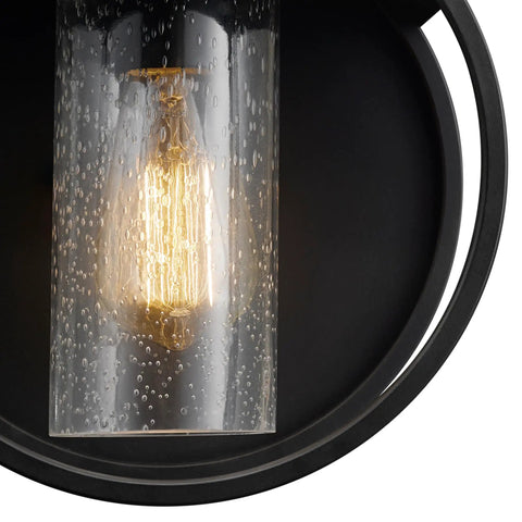 Close-up of Weatherproof Matte Black 1 Light Indoor Outdoor Wall Sconce With Seeded Glass Shade E26 Base Built To Stand Up To Seasonal Weather