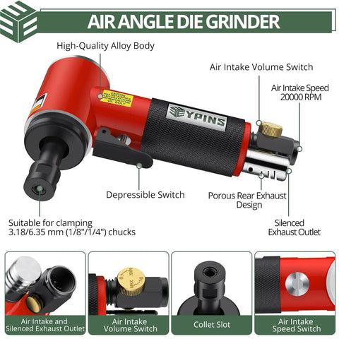 Close-up of Upgraded Air Angle Grinder 90 Degree Right Angle Die Grinder At 20000 Rpm highlighting controls and features.