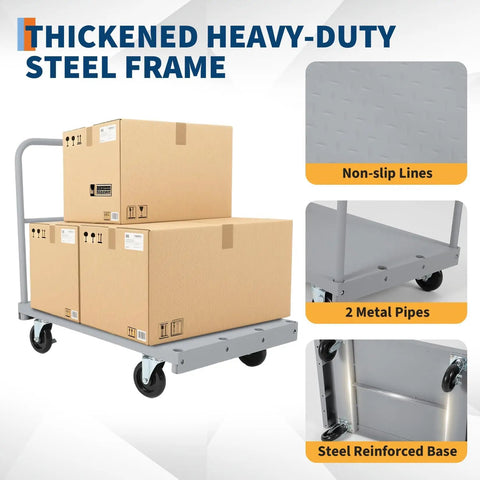 Beefed Up Heavy Duty 36x24 Inch Steel Panel Cart with boxes, removable handrails, swivel wheels, built for plywood, drywall, lumber.