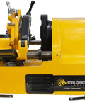 Heavy Duty Workhorse Power Pipe Threader Machine With Self Oiling Die Head, yellow, side view showing cutter and reamer features