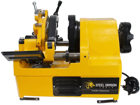 Heavy Duty Workhorse Power Pipe Threader Machine With Self Oiling Die Head, yellow, side view showing cutter and reamer features
