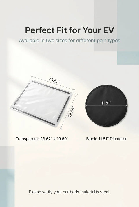 Straight Up Solid EV Charger Cover Oxford Fabric All Weather Charging Port Protector with sizes: 23.62" x 19.69" and 11.81" diameter.
