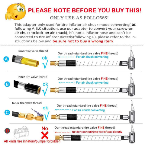 Diagram of Heavy Duty Tire Inflator Hose Adapter With Twist On To Lock On Connection And All Metal Lock On Air Chuck And Air Hose For Schrader Valve Fine Thread Perfect For Bike Motorcycle And Car Inflation Fast Hands Free Open Flow 90 Degree Thumb Press showing correct use of air chucks with fine thread, not for tire inflators.