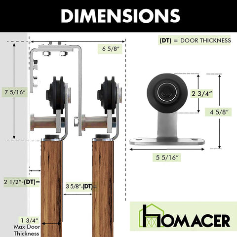 Dimensions of brushed nickel sliding barn door hardware kit with double track bypass for four doors U-shape bypass on one track 10ft flat track.
