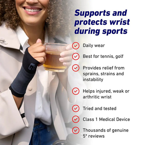 Woman wearing compression wrist sleeve for pain relief and thumb support, drinking tea, feature list on the side