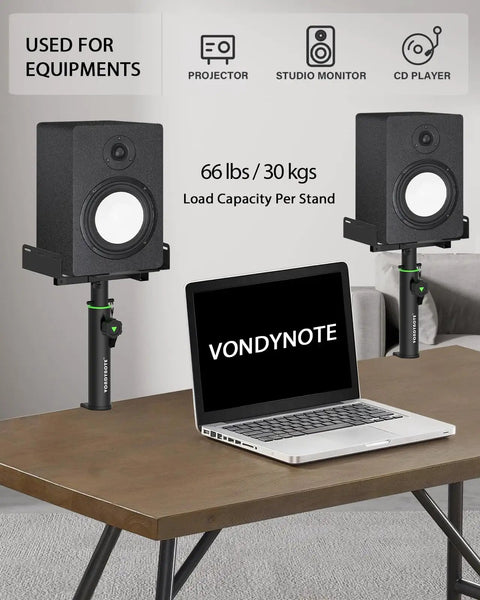 Set Of 2 Dual Side Clamping Studio Monitor Stands For Desktop on wooden table with laptop